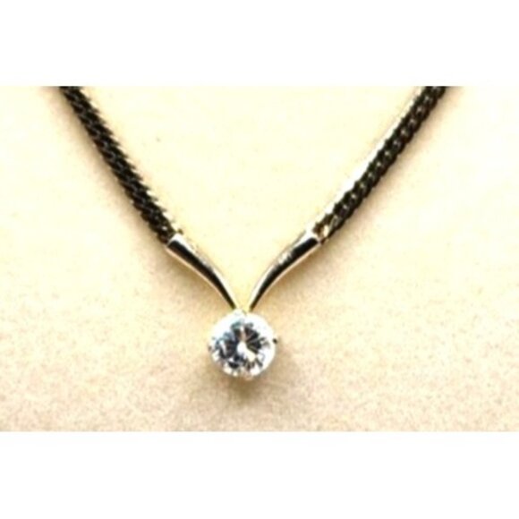 Solitaire Cubic Zirconia Prong Set  15" V Shape Necklace - Picture 1 of 4